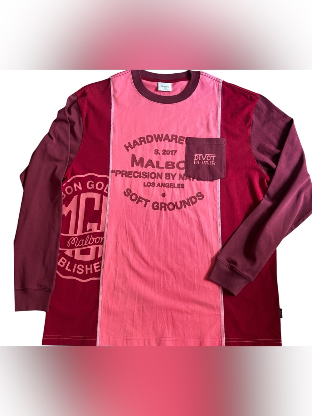 New MALBON GOLF Soft Grounds Divot Repair Mens LS Tee Shirt Burgundy Pink size L